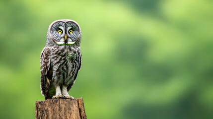 Great grey owl perched on a stump in a green forest.  Nature wildlife photography for websites or prints