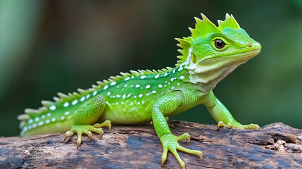 Obraz premium Green lizard on wood, rainforest background, wildlife photography, nature documentary