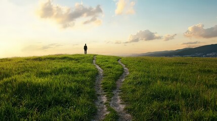 Fototapeta premium Serene Landscape with Pathway Leading into Horizon at Sunset, Person Standing on Green Hill Surrounded by Nature's Beauty
