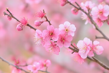 Fototapeta premium A beautiful close-up of pink cherry blossoms blooming on slender branches, creating a soft and delicate floral scene.