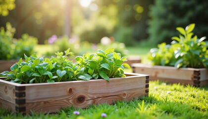 Lush garden beds filled with fresh herbs, peaceful backyard setting