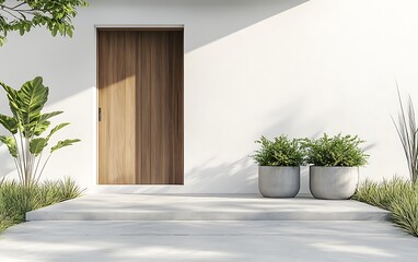 3D rendering of a modern entrance door with a white wall and a wooden panel door