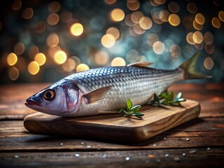 Fresh Mullet Fish on Dark Cutting Board for Sale in Seafood Market