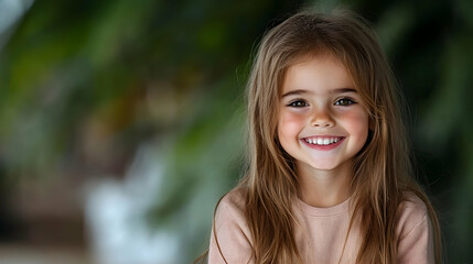 Fototapeta premium Happy girl smiling, green background, portrait, child photography, website banner