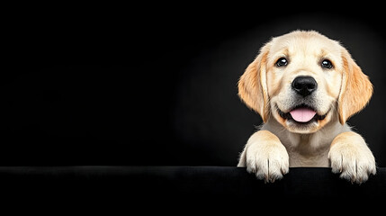 Happy Golden Retriever puppy paws on black background, looking up; ideal for pet adoption campaigns