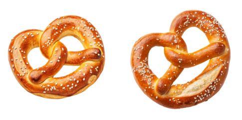 Freshly Baked Soft Pretzels with Sesame Seeds on a White Background for Culinary Presentations