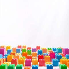 Volumetric lighting from above, illuminating a grid of colorful foam construction blocks. The blocks cast no shadows against a bright white background