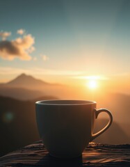 Sunrise view with a coffee cup overlooking a mountain range and vibrant sky