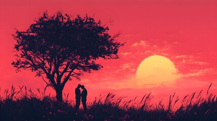 Romantic Silhouette of Couple Kissing Under Majestic Sunset Sky