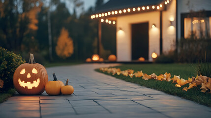 Fototapeta premium Illuminated Jack-o'-lanterns on pathway to autumnal home