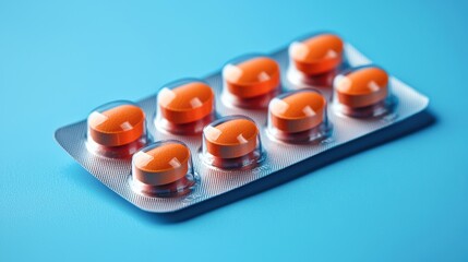 A blister pack containing orange capsules sits against a blue background, showcasing vibrant colors and pharmaceutical packaging.