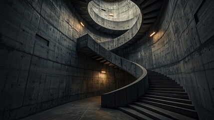 Stunning spiral staircase design urban architecture concrete structure dramatic lighting ground perspective modern aesthetics