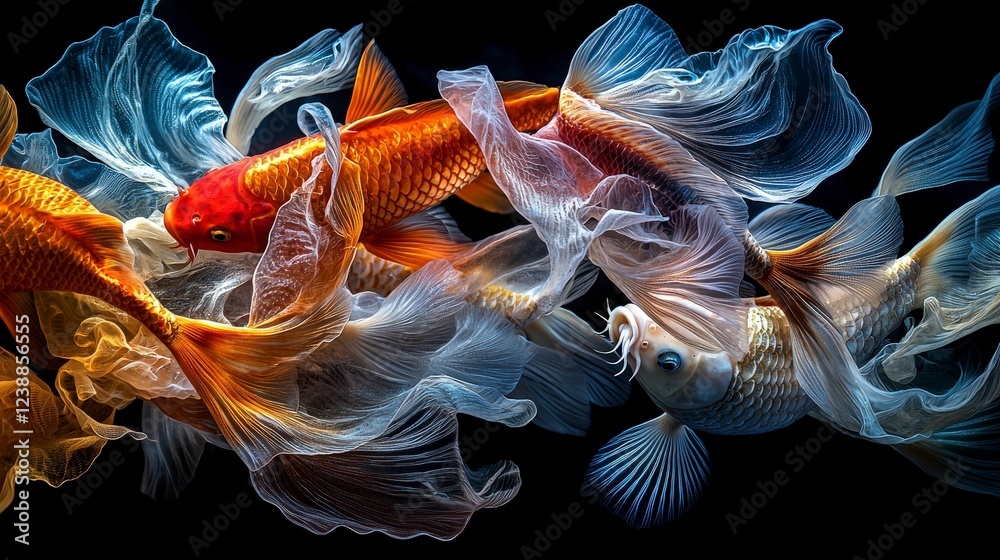 Poster dynamic koi fish scales in motion underwater realm microscopic view aquatic environment close-up per
