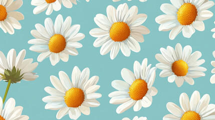 A pattern of white daisies with yellow centers on a light blue background. The daisies are scattered across the image, creating a cheerful and bright floral design.
