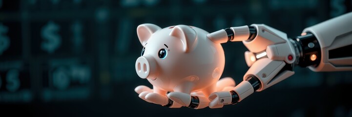 Robotic hand holding a piggy bank symbolizes saving using technology in a modern financial setting