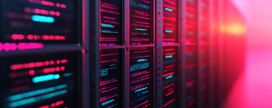 Close-up of glowing servers in data center with colorful, futuristic lighting design.