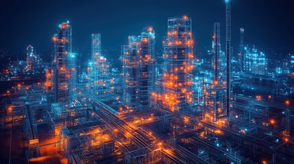 A futuristic cityscape illuminated by vibrant blue and orange lights, showcasing towering skyscrapers in a digital landscape.