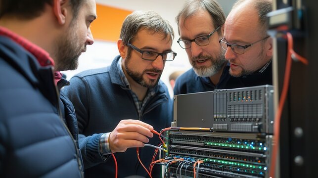 Cloud computing technology enables seamless networking and efficient deployment. Group collaborating on technology equipment and circuitry adjustments.