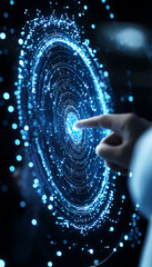 Futuristic user interface with glowing elements, interactive digital touch display showing complex data visualization.