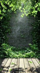 Serene Garden Background: Brick Wall, Lush Greenery, Wooden Floor
