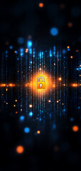 Glowing digital lock icon on blue and orange background representing cybersecurity and data protection.