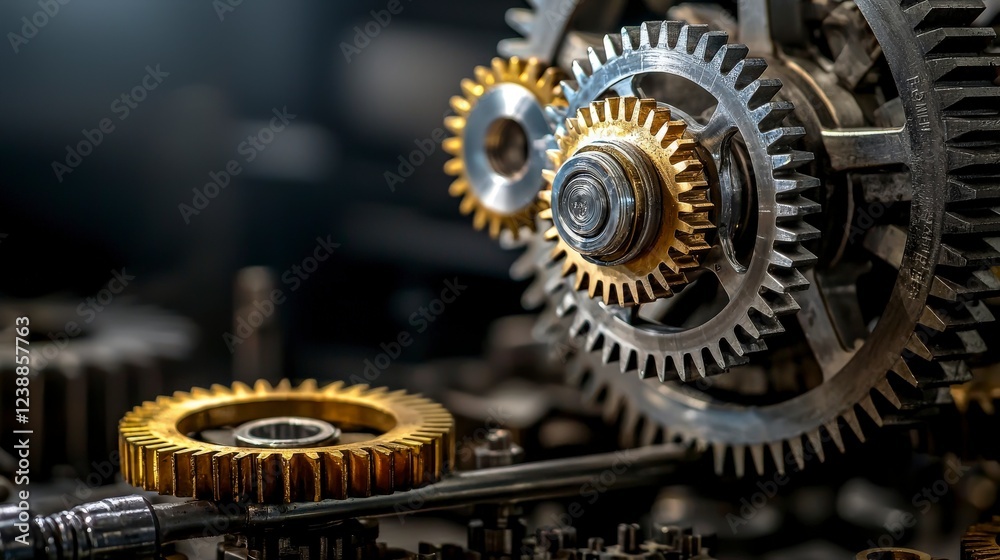 Poster intricate mechanical gears interlocking in precision industrial workshop photography close-up stunni