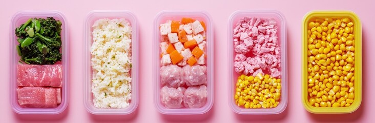 Colorful display of food delivery options in rectangular packaging.