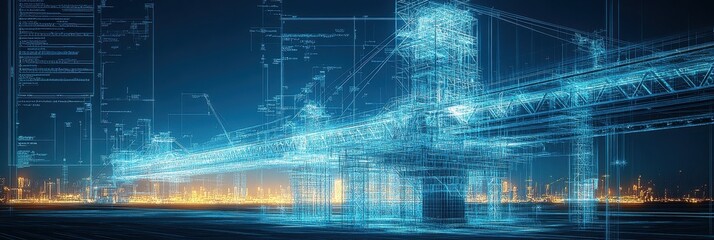 Fototapeta premium A futuristic digital representation of a bridge with a glowing blueprint aesthetic against a city skyline at night.