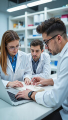 Curious team discussion Scientists collaborating on research project in laboratory