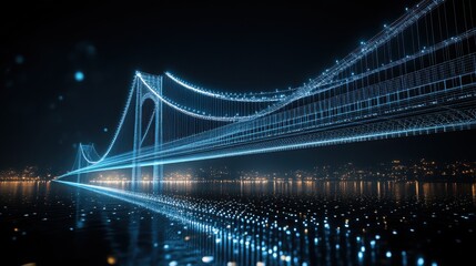 Obraz premium A glowing bridge illuminated by blue lights spans across dark waters, creating a stunning visual reflection in a nighttime urban landscape.