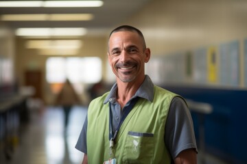 Obraz premium Portrait of a smiling American school janitor in elementary school