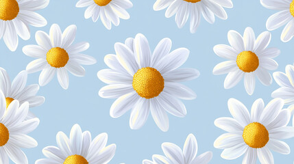 A pattern of white daisies with yellow centers on a light blue background. The daisies are scattered across the image, creating a cheerful and bright floral design.
