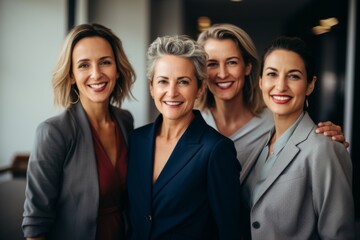 Fototapeta premium Portrait of a smiling group of body positive middle aged businesswomen in office