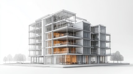A modern architectural rendering of a multi-story building showcasing a skeletal structure with glass and wooden elements.