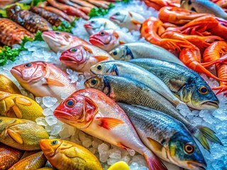 Fototapeta premium Fresh Seafood on Ice at Vibrant Market Display - High-Resolution Stock Photo