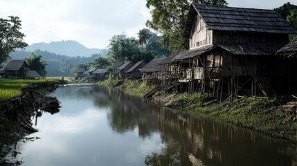 Obraz premium Tranquil river scene with traditional houses inburi thailand nature photography serene environment wide angle view