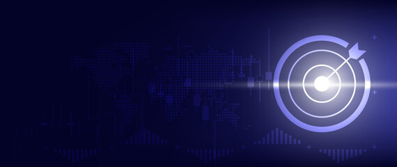Obraz premium Business Target and Goal Strategy: Achieving Financial Success with Vision and Mission. Abstract blue background with darts, growth graphs, and strategic concepts.