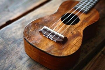 Fototapeta premium Well used ukulele is resting on a rustic wooden surface, showing signs of age and wear