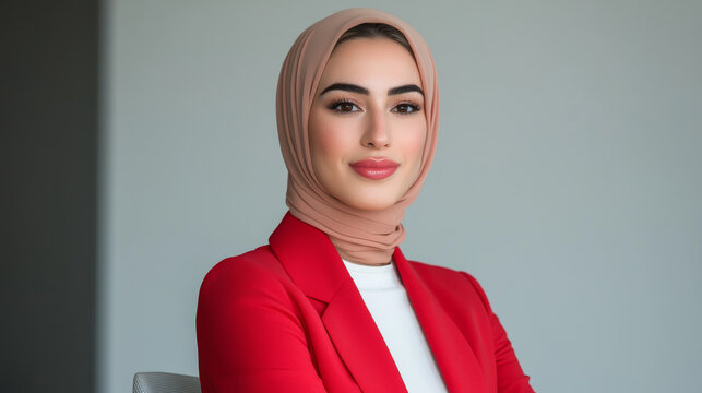 confident female executive in hijab poses for professional portrait, showcasing her leadership qualities and style