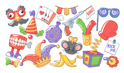 April Fools day celebration design elements, party of jokes, humor event toys and disguise set