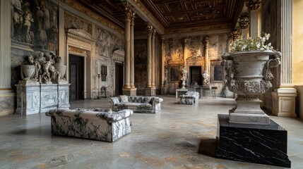 Naklejka premium Opulent roman noble's home showcase historical mansion interior photography lavish decor wide angle luxury living