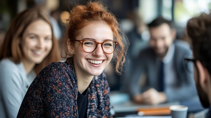 Happy young Caucasian redhead woman in glasses smiles brightly at cafe. International Fun at Work Day concept