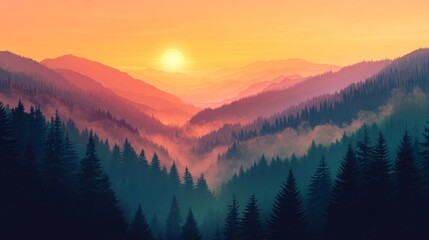 Obraz premium Vibrant Sunset over Misty Mountain Valley
