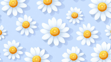A pattern of white daisies with yellow centers on a light blue background. The daisies are scattered across the image, creating a cheerful and bright floral design.
