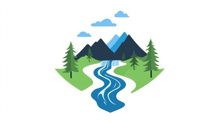 Mountain landscape scene with a waterfall flowing between trees, used for nature images