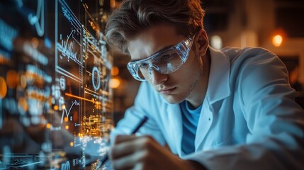 A young scientist meticulously examines complex data projected on a large screen. He's engrossed in his research, showcasing the crucial role of mathematics and statistics in scientific discovery