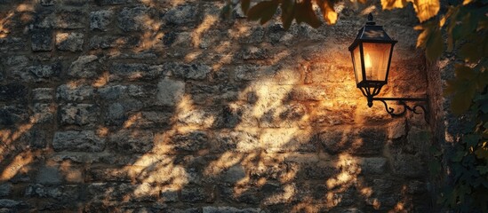 Vintage stone wall with a street lamp casting warm light and shadows on the surface surrounded by leaves Copy Space