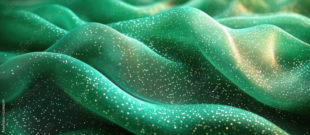 Poster green textile fabric with shiny glitter particles creating a wave-like pattern suitable for backgrou