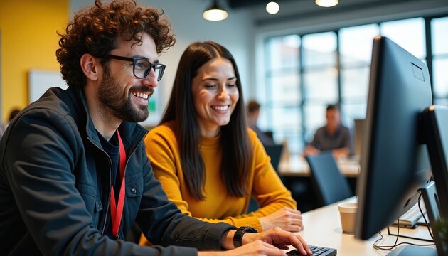 Collaborative teamwork on a computer project in a modern office setting.