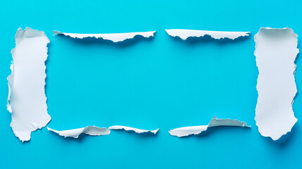 Blue rectangular torn paper with a white border on a pure background, a simple and minimalistic design, top view, flat lay.